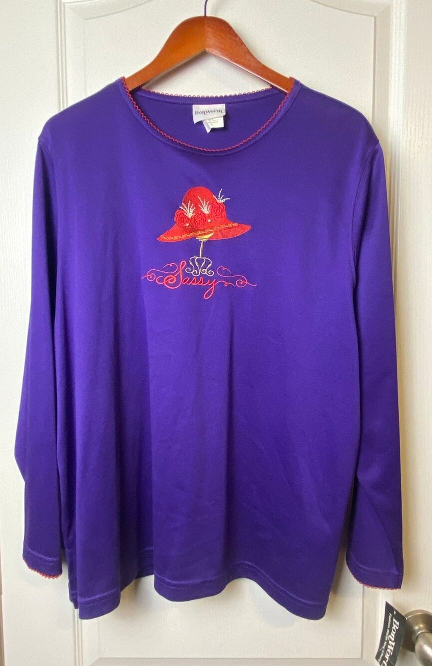 Bon Worth Red Hat Society Purple Embroidered Sassy Blouse Women's X-Large NWT